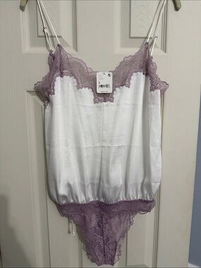 Free people Lace Trim Satin Bodysuit in White and Dusty Lavender